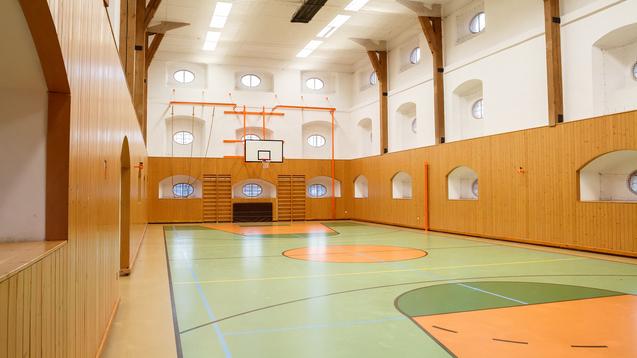Helle Sporthalle mit Holzverkleidung, Basketballkorb und farblich markierten Spielfeldern auf dem Boden.